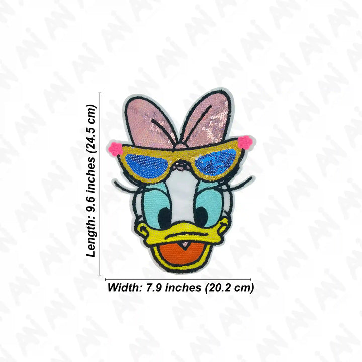 Ani Accessories Sequins Daisy Duck patch size view showing dimensions and detailed character design for jackets shirts denim jeans bags and DIY projects