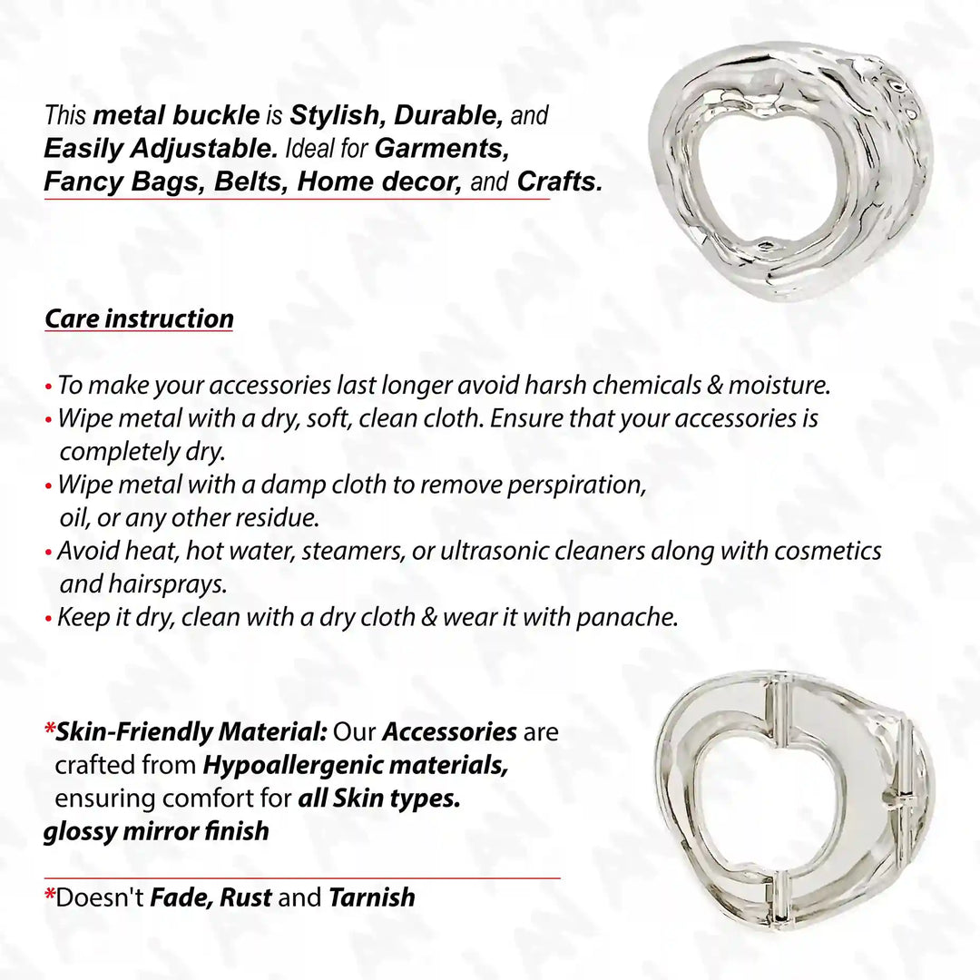 Ani Accessories Shiny Silver Metal Buckle front and backside image with care instruction  written on the white background.