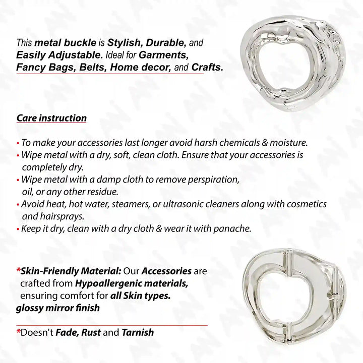 Ani Accessories Shiny Silver Metal Buckle front and backside image with care instruction  written on the white background.