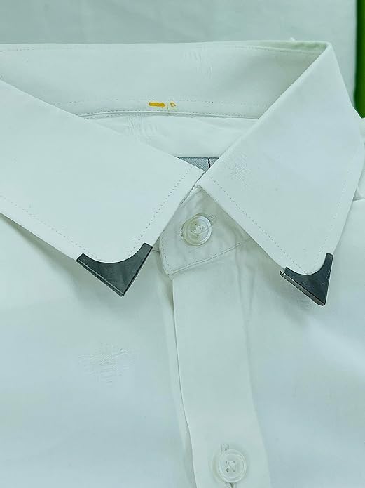 Flat silver screwable collar tip on the white shirt.