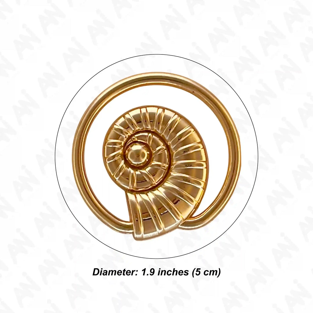 Ani Accessories Spiral Shell Gold Shiny Buckle Zooming image in a white background with written size on it.