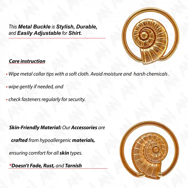 Ani Accessories Spiral Shell Gold Shiny Buckle front and back image with care instruction in a white background.
