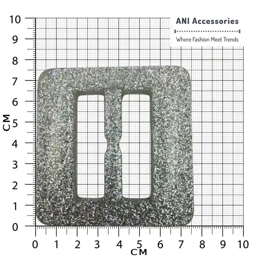 Ani Accessories Square resin buckle designed with dazzling silver sparkle, placed in  a size graph.