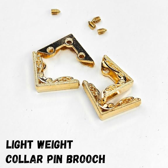 4 piece of Golden Elegance Collar Tip with its screw  and back side of 1  collar tip and text in the image of (light weight collar pin brooch) in black color.