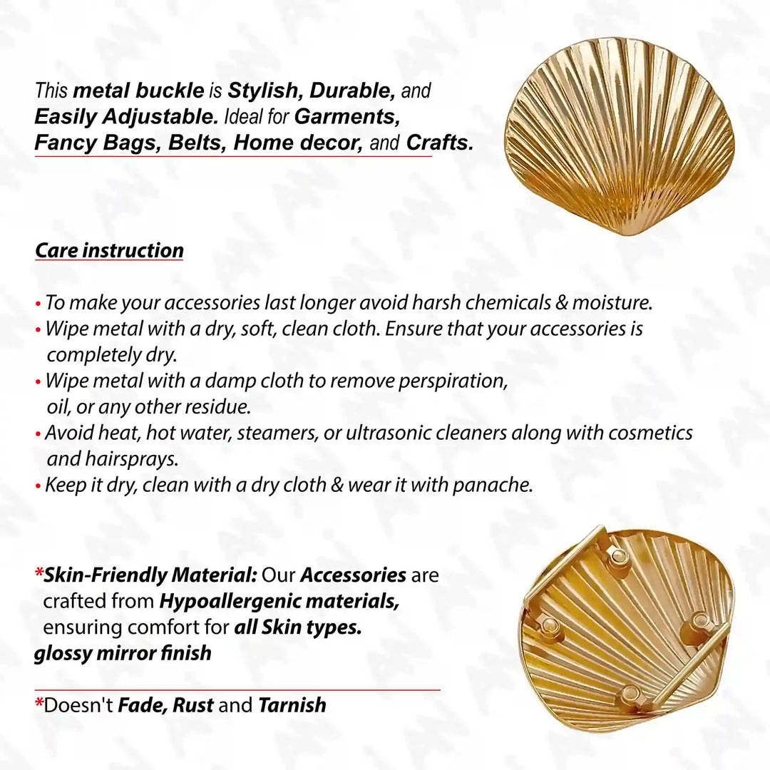 Ani Accessories Stylish Shell Design Buckle  front and back image with care instruction written on the white backside.