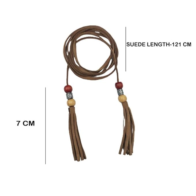 Ani Accessories brown suede belt with tassels, designed for women’s fashion accessorization. 