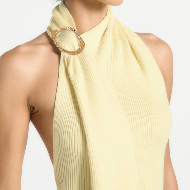 Ani Accessories Textured Oval Buckle on  model butter yellow dress  in a white background.