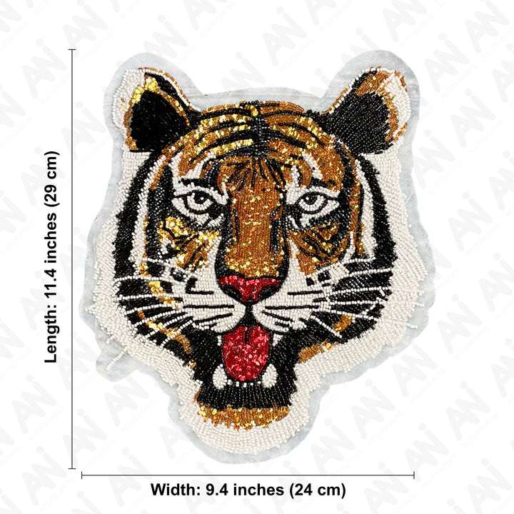 Ani Accessories Tiger’s Roar beaded sew patch showing size with intricate bead and sequin details