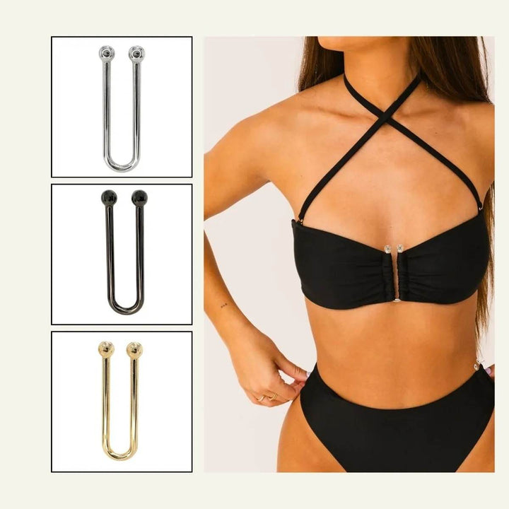 Ani Accessories U-Shaped Elegant Metal Gold Buckle with other 2 color shown with model image in the bikini .