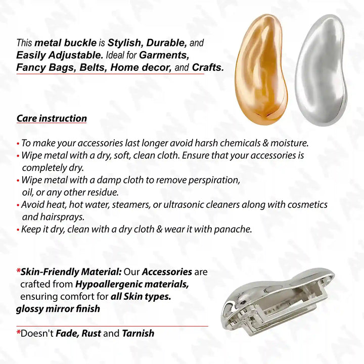 Ani Accessories Unique Bean  Design Metal Buckle front and back image of  both color shown with written care instruction of the buckle in the white background.
