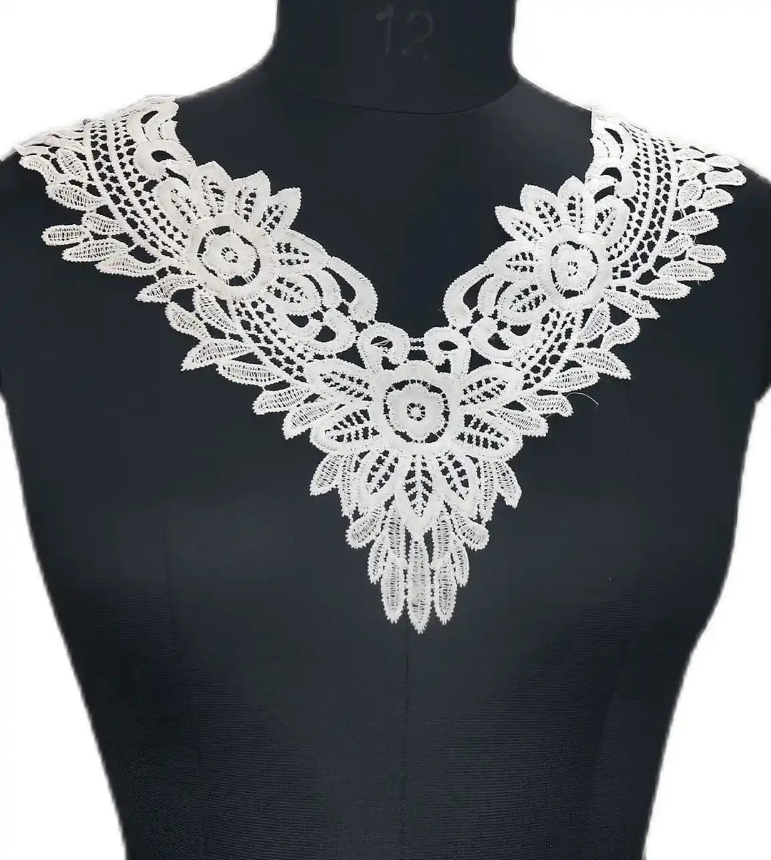 Ani Accessories V-shaped floral white lace neckline with delicate embroidery for elegant dresses and ethnic wear
