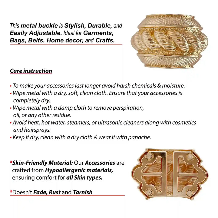 Ani Accessories Vintage Gold Rope Barrel Buckle front and backside of the buckle with care instruction infographic in the white background.
