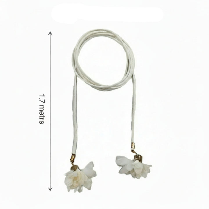 Ani Accessories white suede rope-style belt with flower tassels, shown with a 1.7-meter size on a white background.