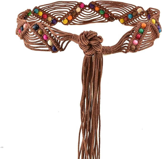 Ani Accessories Womens Belt A brown macrame belt with a wide center panel, intricately woven with colorful round wooden beads in shades of pink, yellow, blue, green, and purple. The belt is tied in a large central knot with long hanging fringe cords.