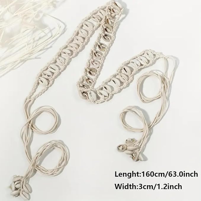 Ani Accessories Womens Belt Beige macrame cowrie shell belt showing length and width: 160cm/63.0in L, 3cm/1.2in W.