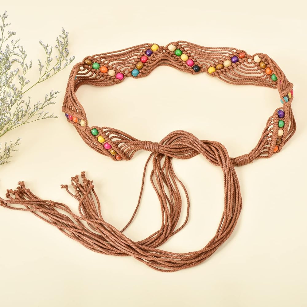 Boho Beaded Macramé Belt - Multicolor Beads on Brown Cord Macrame Cord Tie Belt Handmade Painted Wood Beads Vintage 24  main image 4