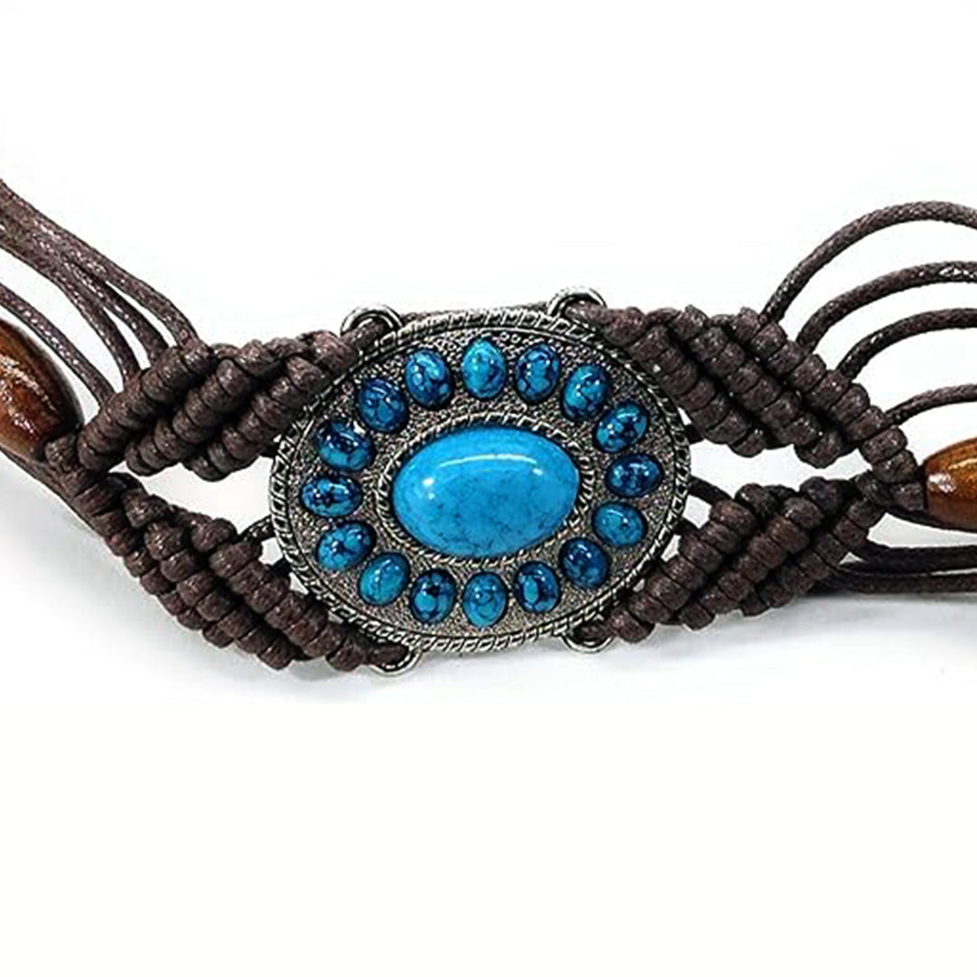 Ani Accessories Womens Belt Detailed shot emphasizing the tight, symmetrical knotting pattern of the dark brown macrame cord surrounding the bezel-set, oval turquoise-colored stones.