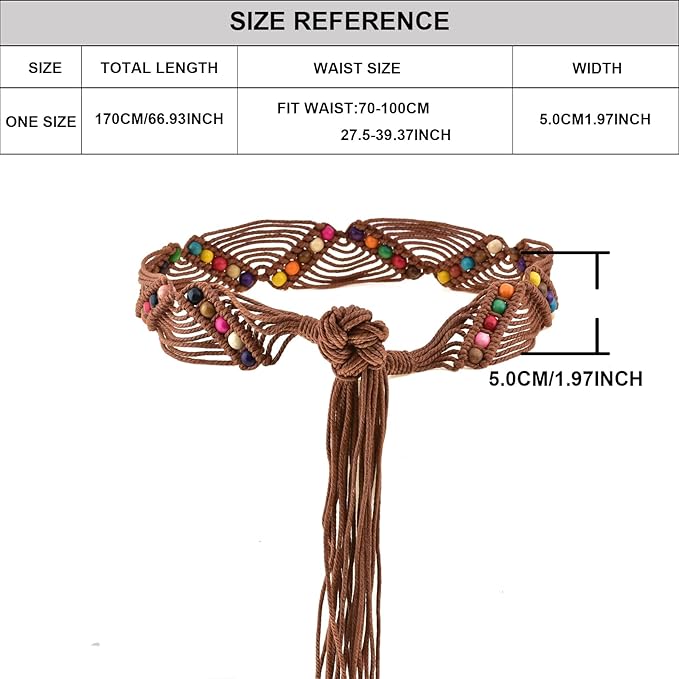 Ani Accessories Womens Belt Image displaying the size reference chart for a brown macrame and colorful wooden bead tie belt. Below the chart, a front view of the belt with a measurement line indicating a 5.0 CM/1.97 INCH width is shown.