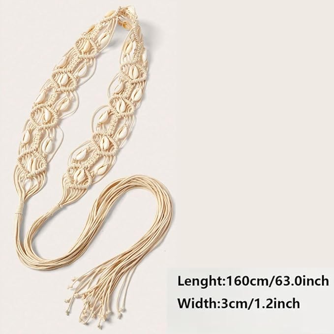 Ani Accessories Womens Belt Beige cowrie shell macrame belt showing length and width measurements (160cm/63.0in L, 3cm/1.2in W).
