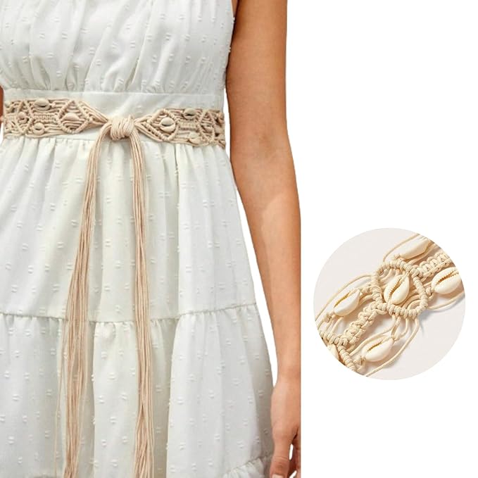 Ani Accessories Womens Belt Styled beige macrame cowrie shell belt worn over a white tiered dress. Circular inset shows close-up of the shell pattern.