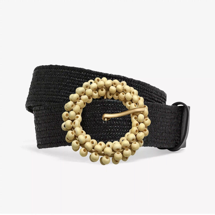 Buy now Anni Accessories zooming image of Wooden cream bead with prong  on black texture belt with loop. 