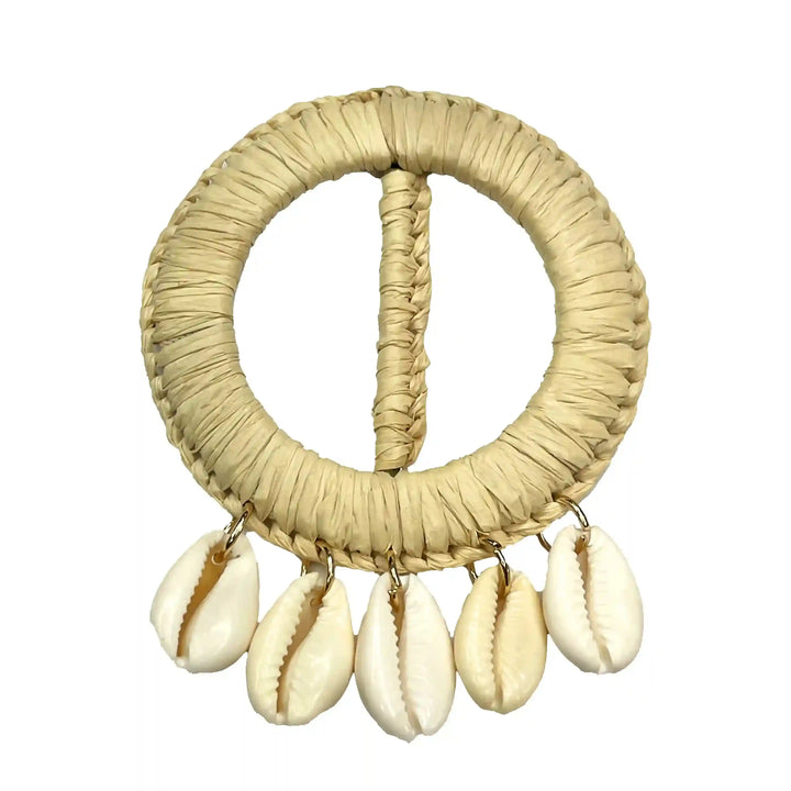 Ani Accessories  Beige Circle Raffia with Hanging 5 Shell  in a Buckle  with white background 