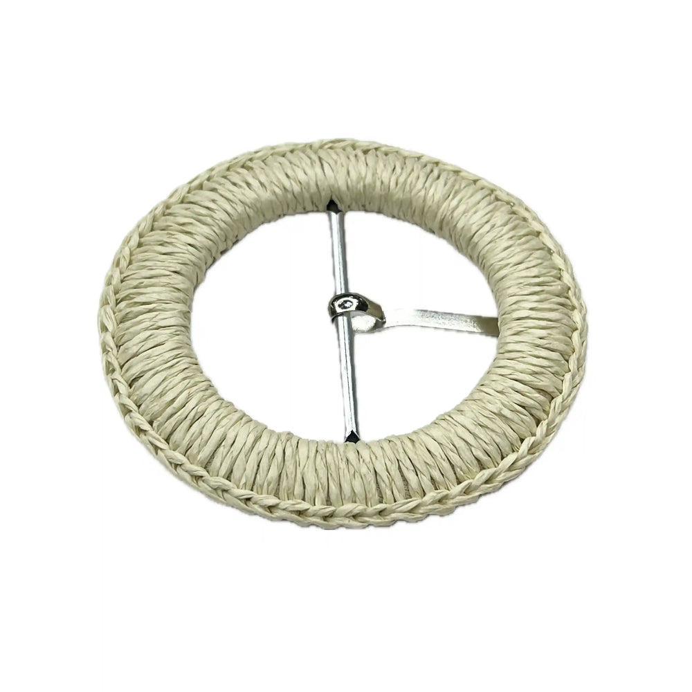 Ani Accessories back sided view of braided woven cream circular raffia buckle with prong on a white background.