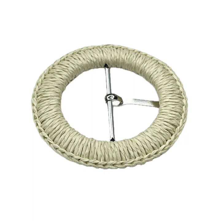 Ani Accessories back sided view of braided woven cream circular raffia buckle with prong on a white background.