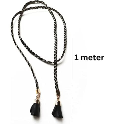 Ani Accessories black braided suede belt with lurex and rose tassels. This 1-meter rope belt is perfect as an adjustable belt for jeans, dresses, and belted shirt outfits.