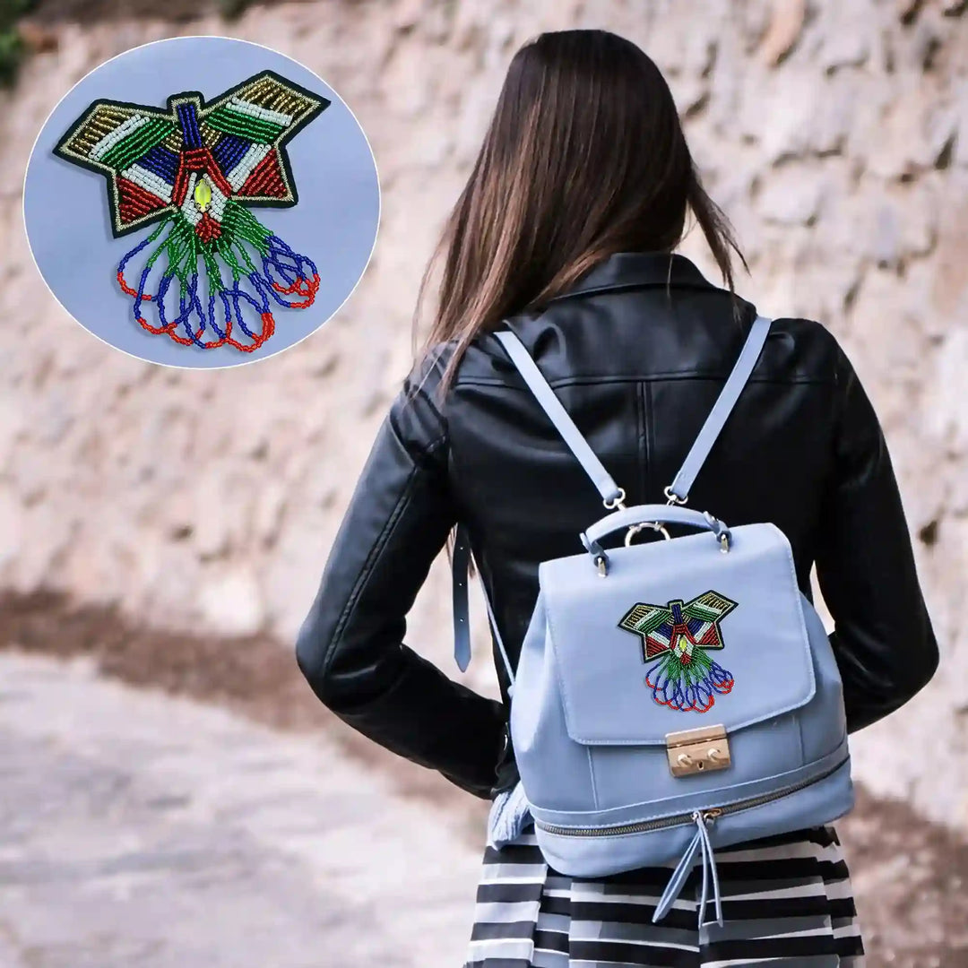 Ani Accessories beaded butterfly patch displayed on bag, decorative embroidery for stylish accessories
