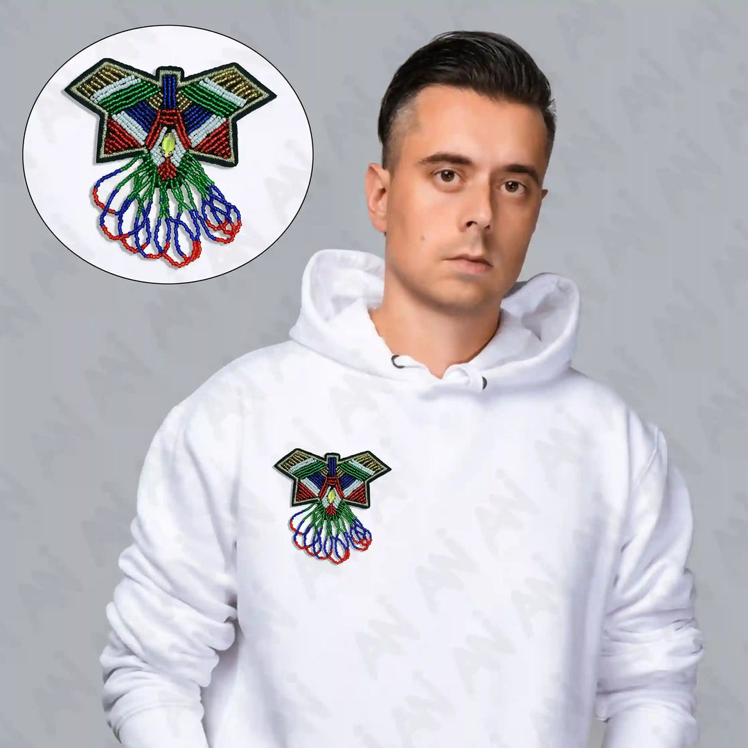 Ani Accessories beaded butterfly sew-on patch applied on model clothing for decorative detail