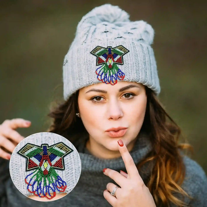 Ani Accessories beaded butterfly sew-on patch styled on hat for trendy accessory detail