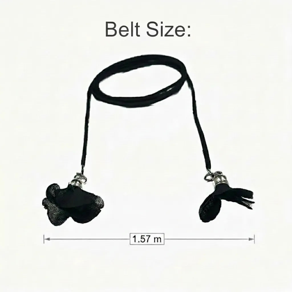 Ani Accessories black suede belt with size measurements shown. This adjustable rope-style belt features a long design that fits all sizes.