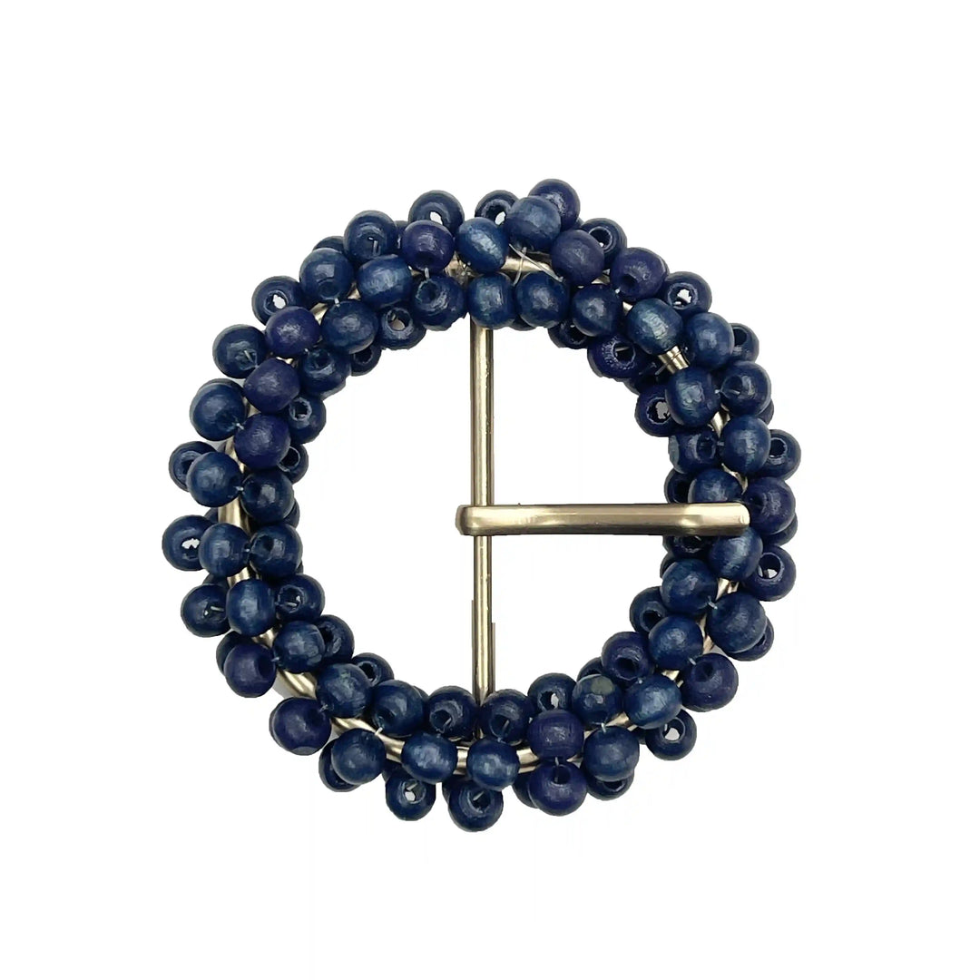  Ani Accessories  zooming blue wooden bead with gold prong buckle on a white background