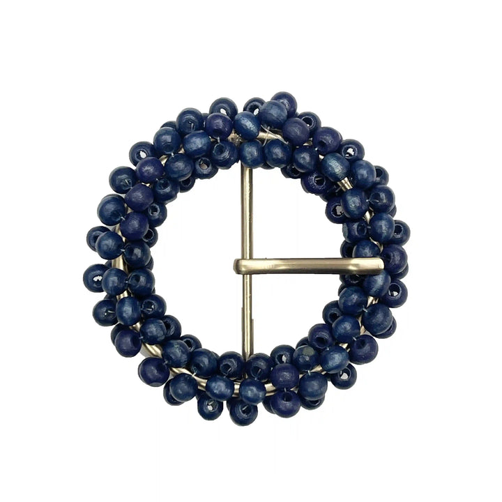  Ani Accessories  zooming blue wooden bead with gold prong buckle on a white background