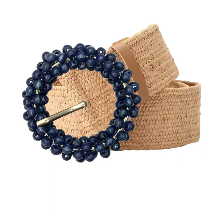 Ani Accessories zooming image of blue wooden beaded buckle  with brown belt with  golden prong in white image