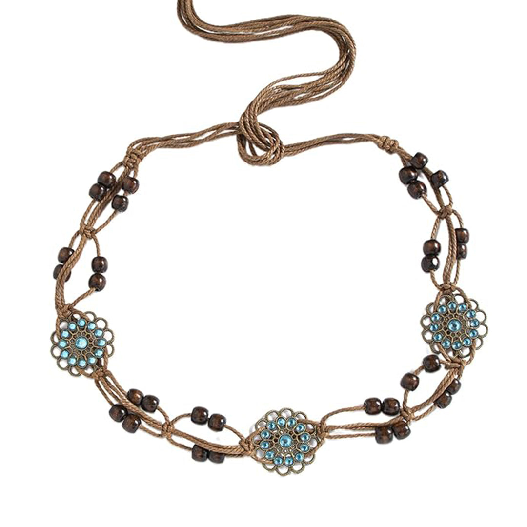 Ani Accessories bohemian wooden beaded belt for women, displayed as a waist belt on a white background.