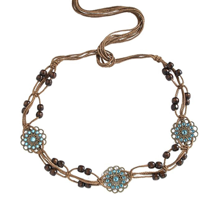 Ani Accessories bohemian wooden beaded belt for women, displayed as a waist belt on a white background.