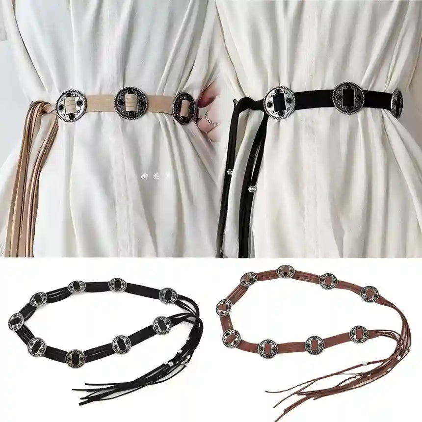 Ani Accessories black suede belt with size measurements shown. This adjustable rope-style belt features a long design that fits all sizes.