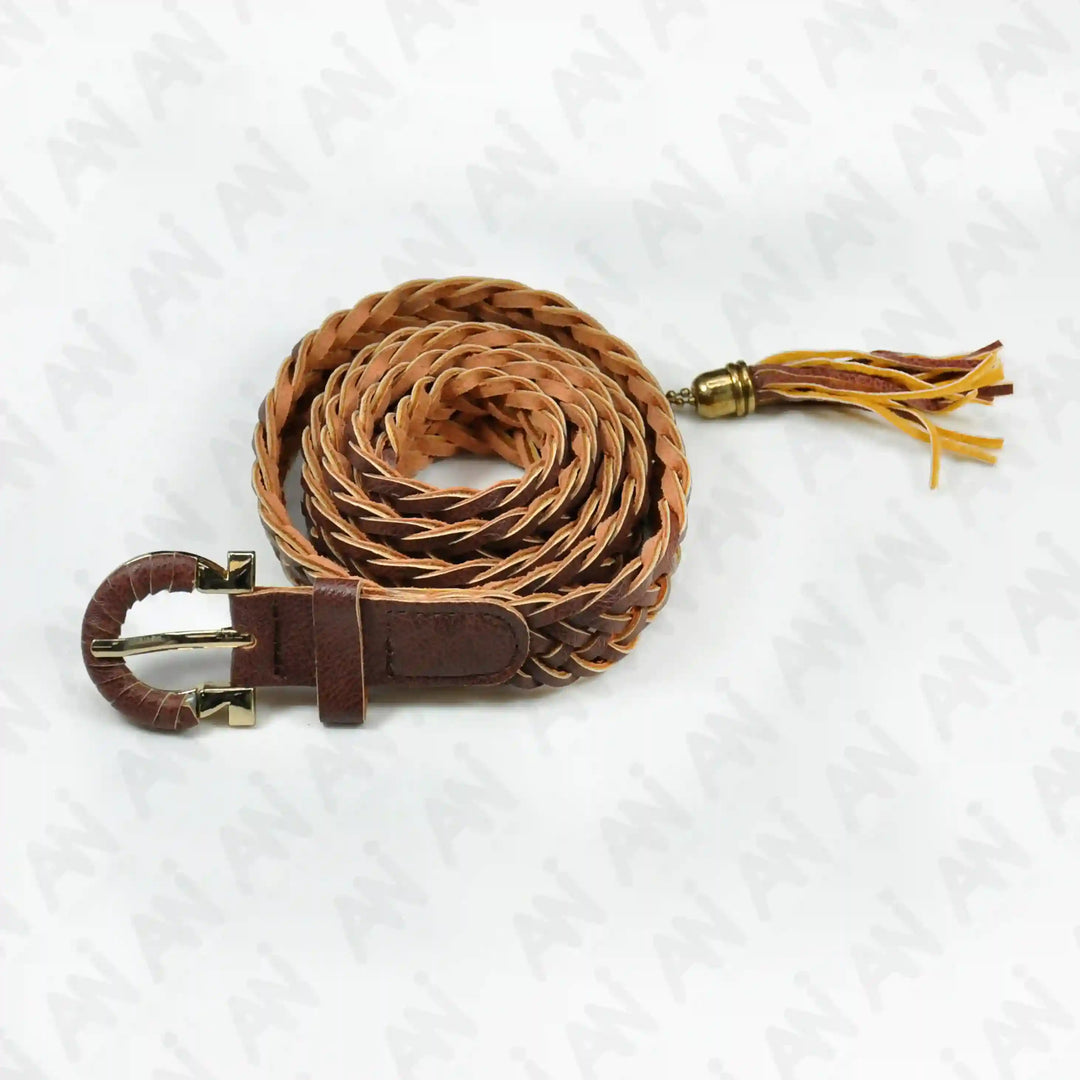 Ani Accessories women's belt -  A brown suede belt comes with braided belt straps, buckle & with hanging tassel on a white background. 
