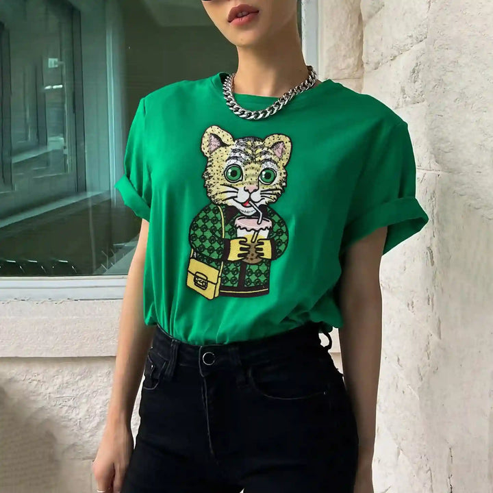 Ani Accessories cat sew-on patch shown on model outfit, embroidered applique styling for fashion and DIY wear