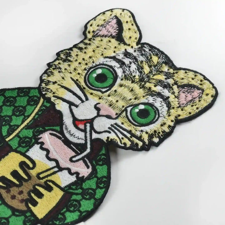 Ani Accessories cat sew patch close-up showing fine embroidery details, cute animal applique