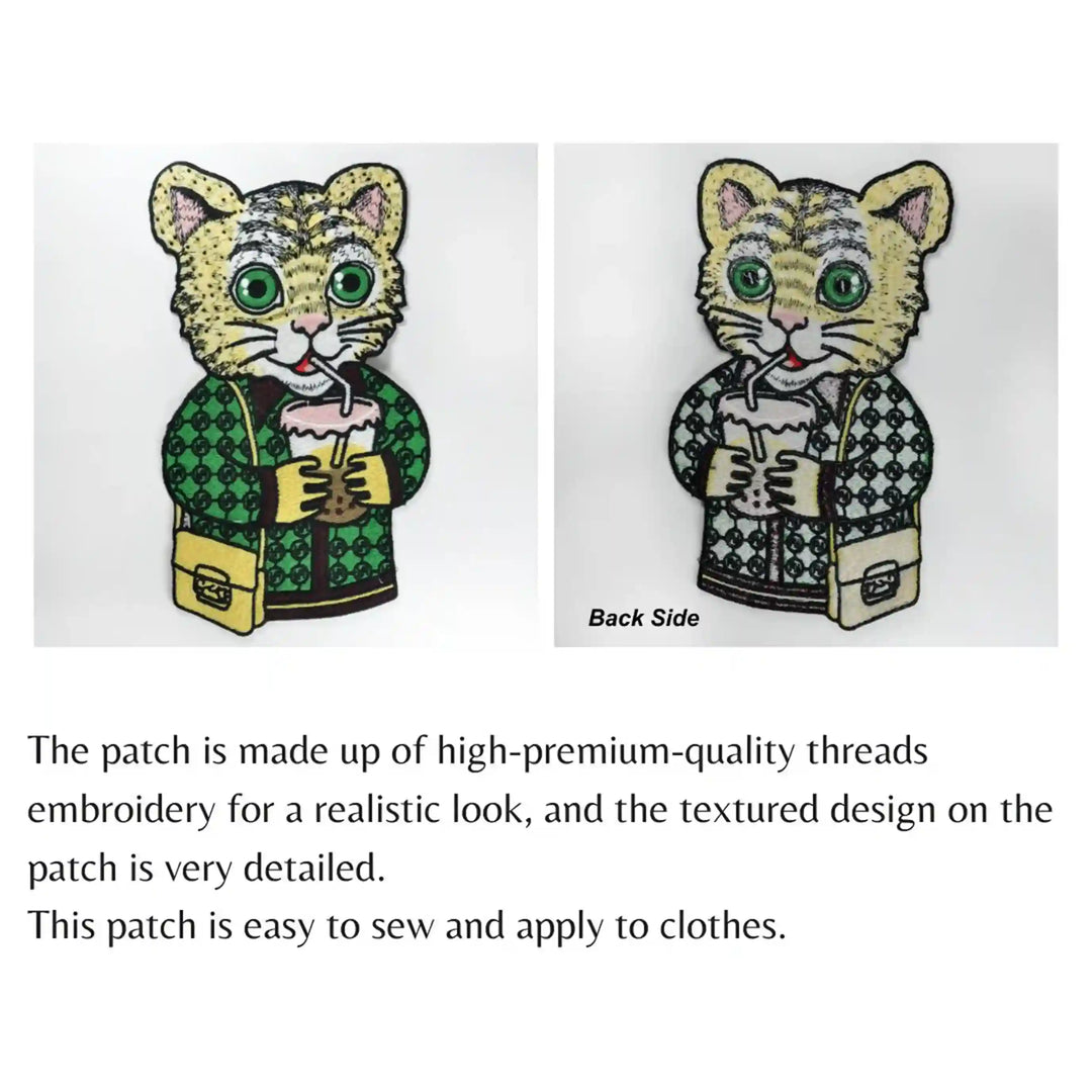 Ani Accessories cat sew patch infographic highlighting dimensions, embroidery quality and fabric base