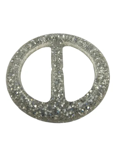 Ani Accessories circular silver resin ring buckle flat angle view on white surface.