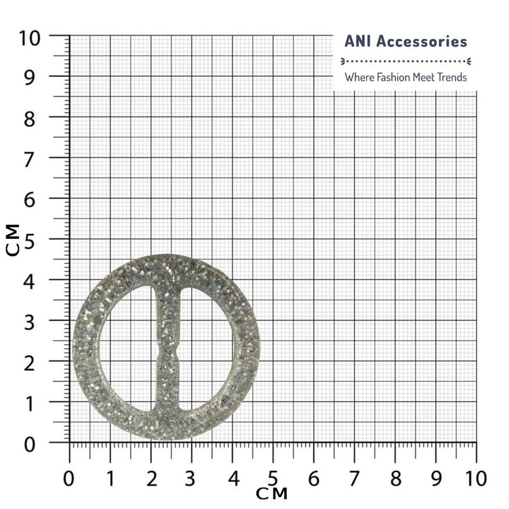 Ani Accessories circular silver resin ring buckle placed on size chart graph.