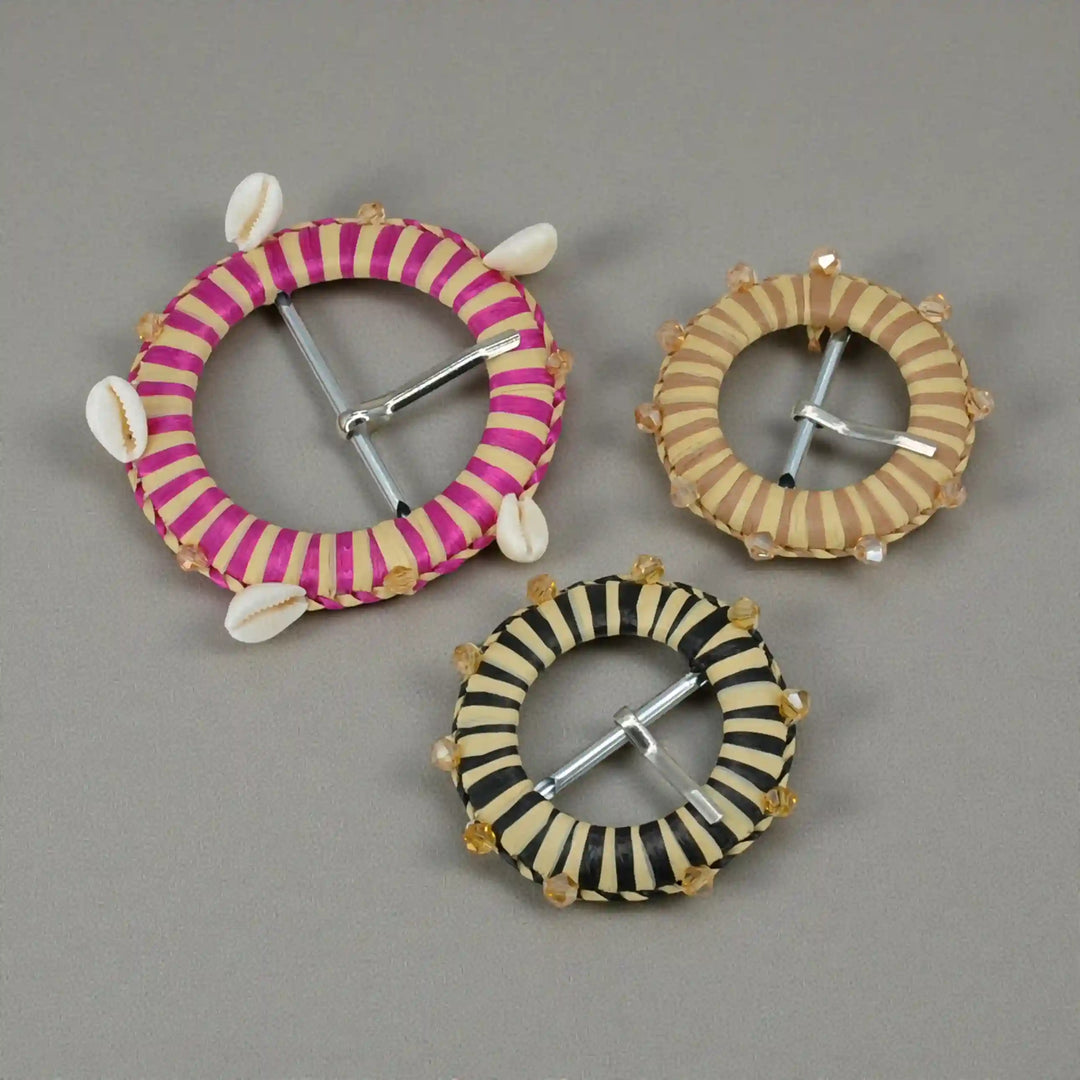 Ani Accessories cowrie shell handmade raffia buckle for belt bag craft boho straw woven buckle DIY decor accessory craft