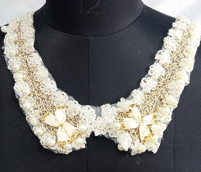 Ani Accessories cream floral embroidery neckline with elegant bow detail for premium ethnic and designer outfits