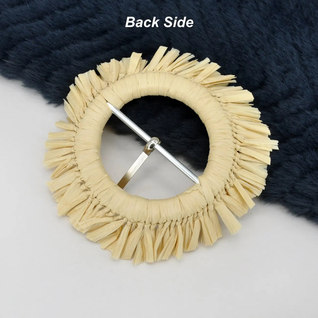 Ani Accessories cream raffia fringed round buckle 4.1 inch straw woven buckle for belts bags DIY decor