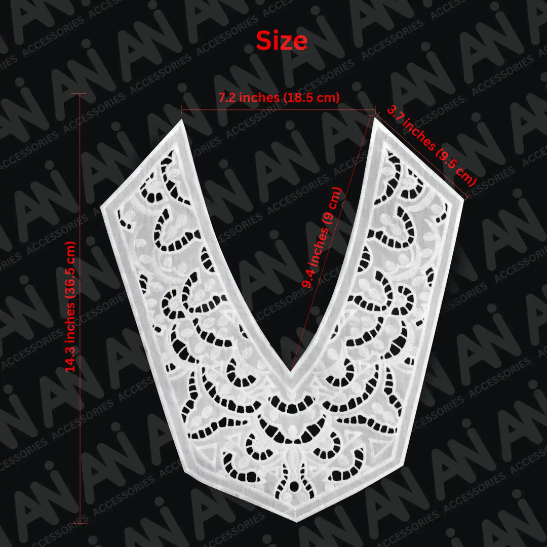 Ani Accessories cutwork yoke neck collar featuring detailed & size stitching for elegant garment embellishment and sewing.