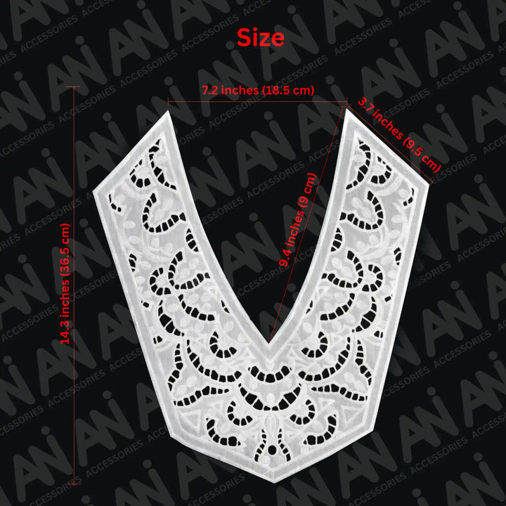 Ani Accessories cutwork yoke neck collar featuring detailed & size stitching for elegant garment embellishment and sewing.